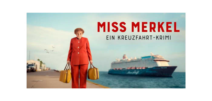 Miss Merkel mit ihren Koffern vor dem Kreuzfahrtschiff