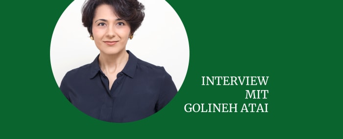 Banner: Interview mit Golineh Atai; grüner Hintergrund mit Portrait der Autorin