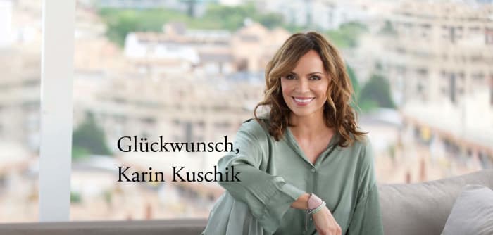 Autorinnenfoto von Karin Kuschik mit Schriftzug: "Glückwunsch Karin Kuschik"