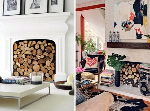 Logs look perfect when arranged in an unused fireplace,