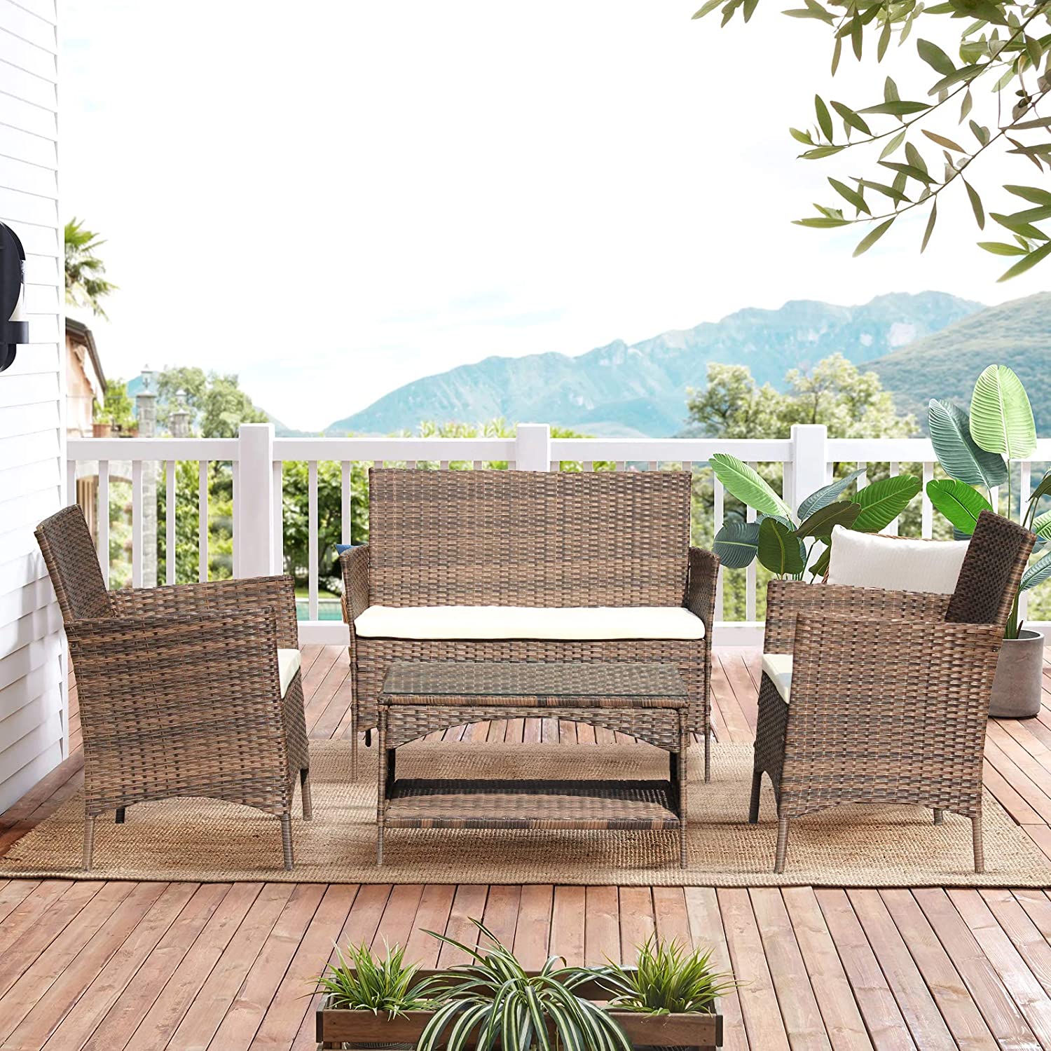 Best Priced 4 Piece Rattan Furniture Set: Patio Cushioned Seat Wicker Sofa Chair Set with Loveseat Chair & Glass Top Coffee Table, Outdoor Patio Conversation Set for Backyard Porch Garden Poolside (Brown)