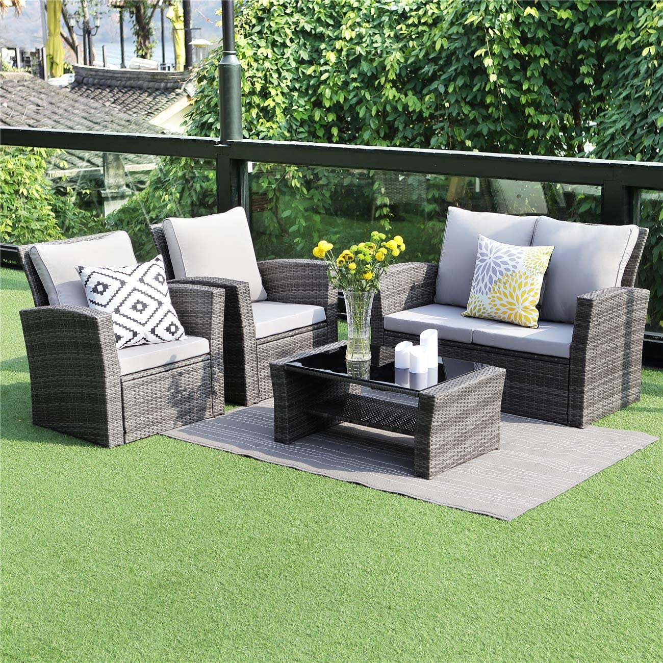 About the Patio Furniture Set - Best Sectional Wicker Sofa Set: Wisteria Lane 5 Piece Outdoor, Wicker Rattan Sectional Sofa with Gray Seat Cushions.