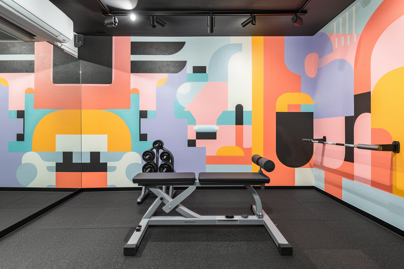 lebuzzguy_A_Geoff_McFetridge-themed_contemporary_gym_with_a_min_e321633b-2fe6-4124-b7fb-100ed8b61a1f