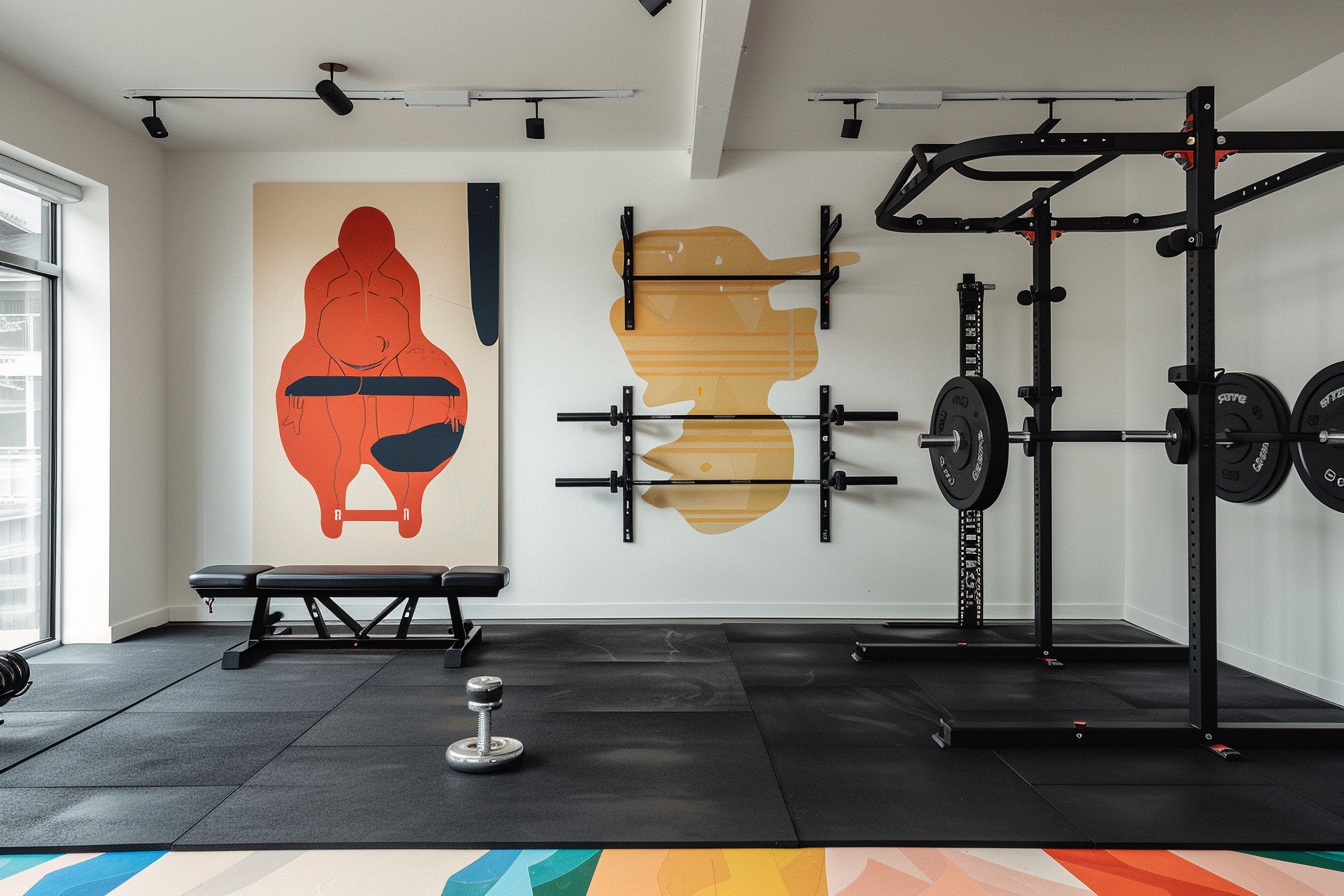 lebuzzguy_A_Geoff_McFetridge-themed_home_gym_focusing_on_visual_fcf8ce17-70fb-47a0-949c-3edaceb87ae9