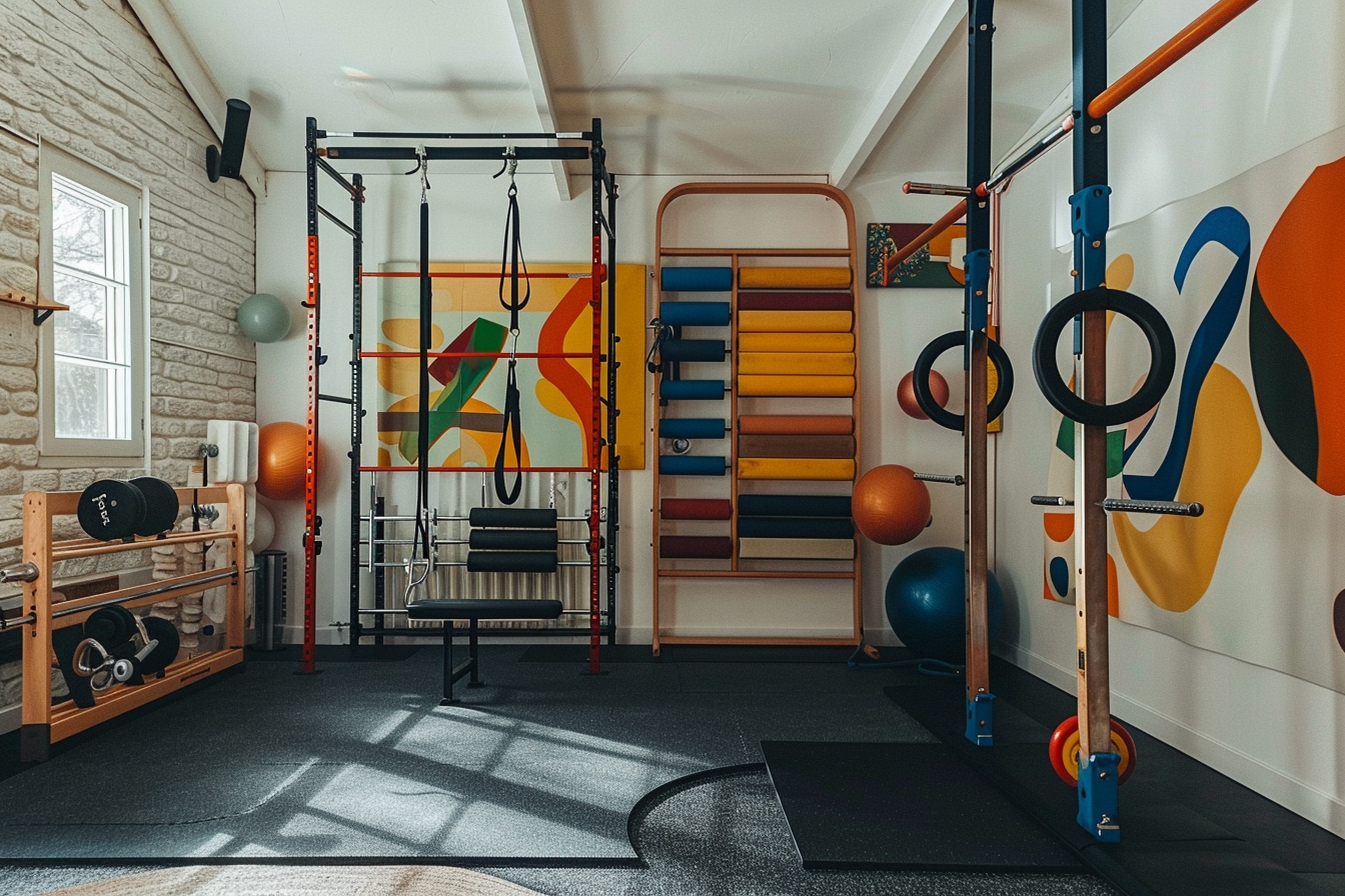 lebuzzguy_A_Geoff_McFetridge-themed_home_gym_focusing_on_visual_94503dfe-4109-4938-9b70-85683e905e76