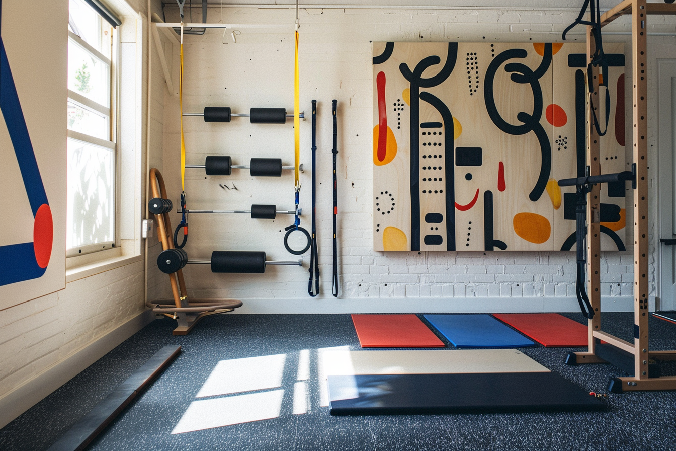 lebuzzguy_A_Geoff_McFetridge-themed_home_gym_with_a_focus_on_vi_567f6d2c-9337-42c5-85af-95d2664caeee