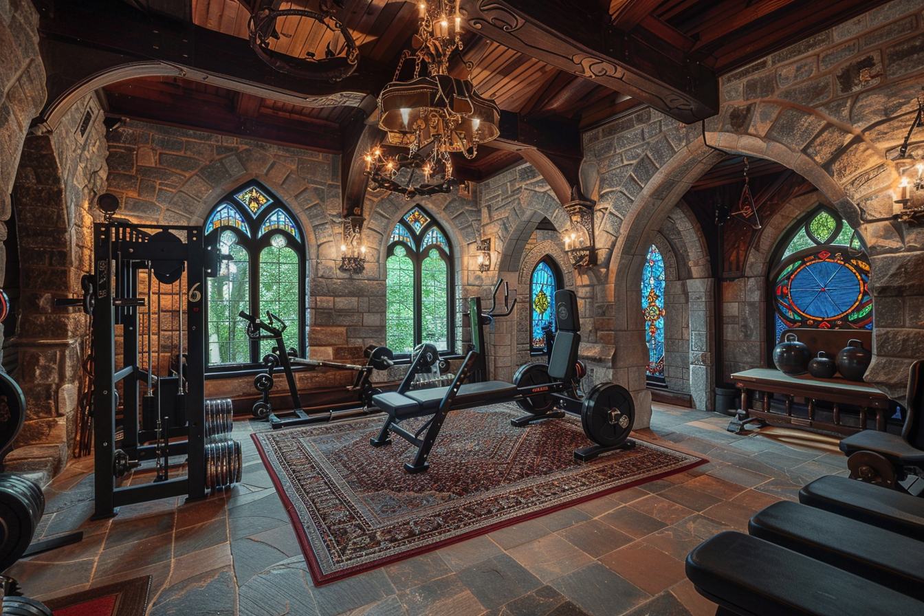 lebuzzguy_A_Gothic_Revival_basement_home_gym_with_ornate_arches_6a28ff70-5047-4df0-b7dc-6eac4fd3d9b5