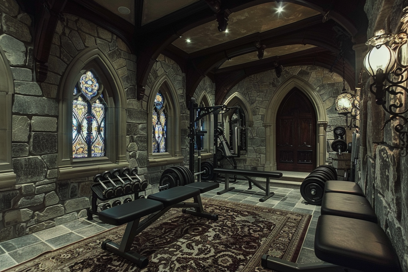 lebuzzguy_A_Gothic_Revival_basement_home_gym_with_ornate_arches_21f1f2bd-a992-48ba-91a9-bf9925080d99