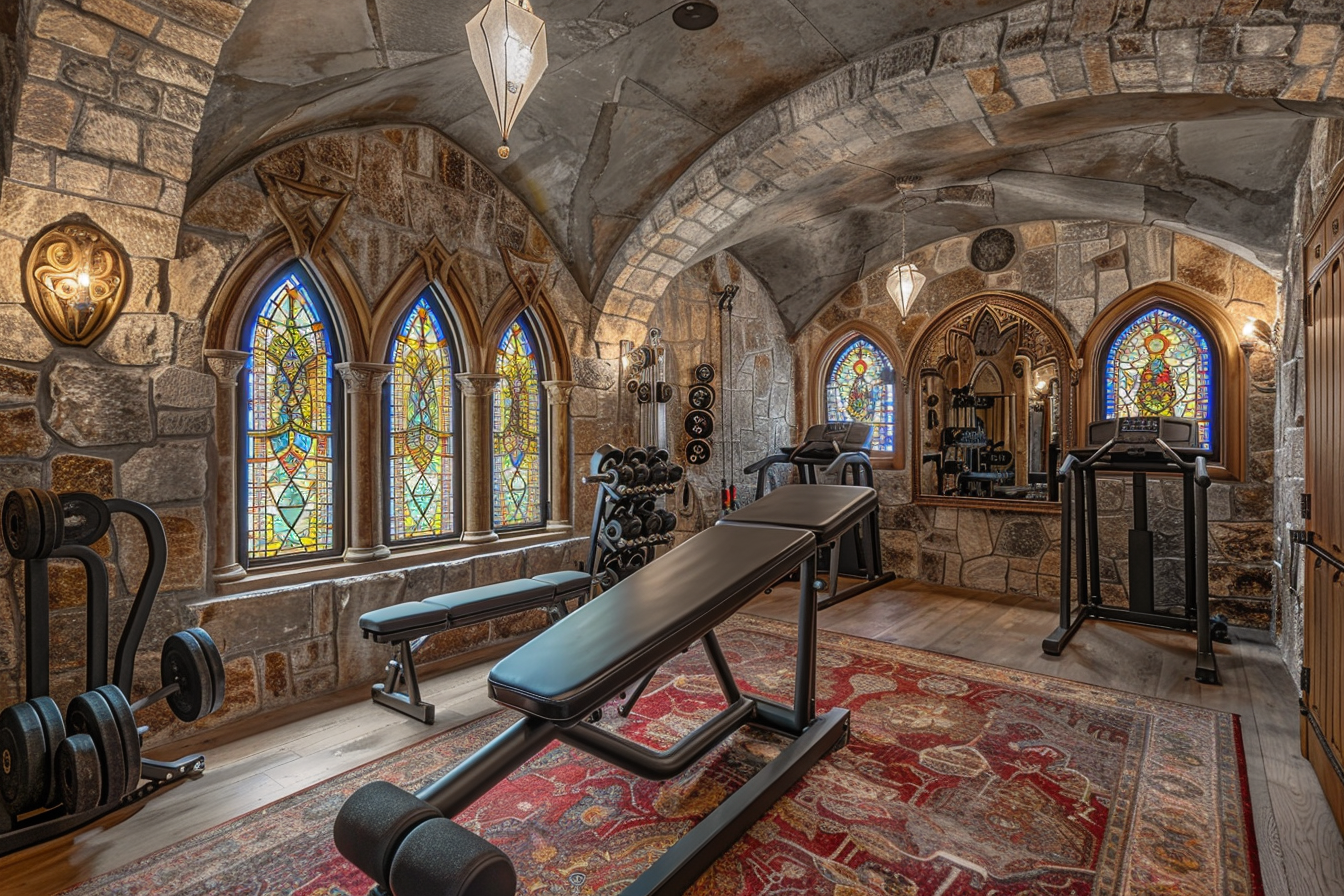 lebuzzguy_A_Gothic_Revival_basement_home_gym_with_ornate_arches_d5792358-a0a3-4e17-b51a-1aa463509d28