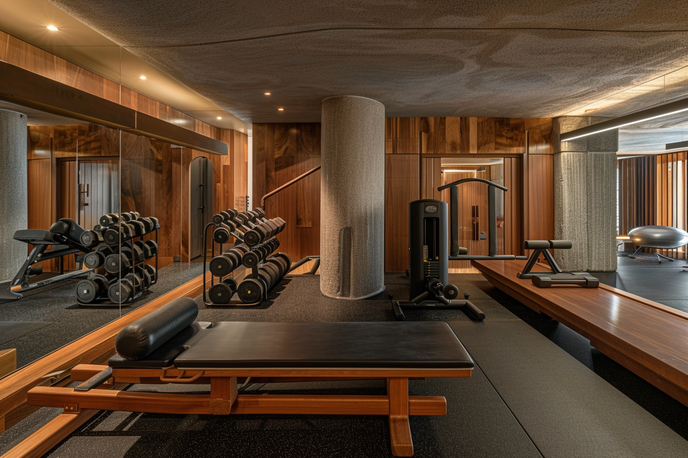 lebuzzguy_A_luxurious_basement_home_gym_inspired_by_Frank_Lloyd_e4e957fc-3eb8-4647-834b-f959525e3afc