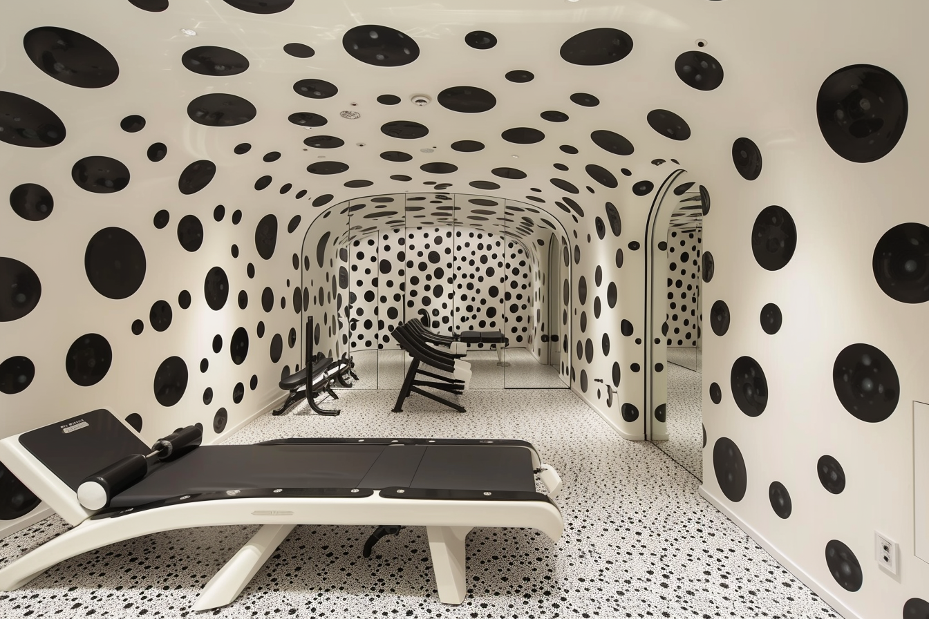 lebuzzguy_a_minimal_luxury_home_gym_by_Yayoi_Kusama_c03e5057-ac87-432d-bad0-18a7a818bbf9