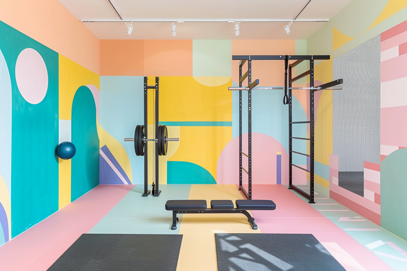 lebuzzguy_A_minimalist_Geoff_McFetridge-inspired_home_gym_with__5ac34bbd-b1b8-4f5a-9834-d809e487f5b1