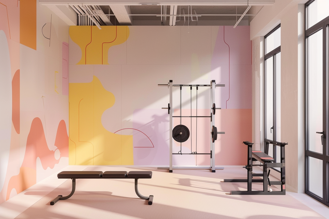 lebuzzguy_A_minimalist_Geoff_McFetridge-inspired_home_gym_with__ea2344b1-3474-42cf-934d-1cef6bbe184b