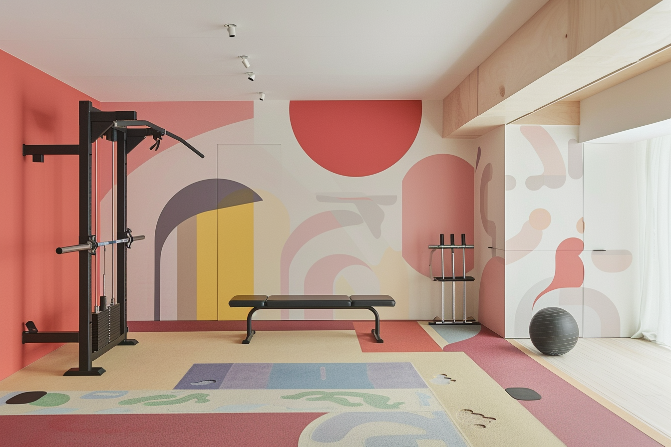 lebuzzguy_A_minimalist_Geoff_McFetridge-inspired_home_gym_with__9eb97716-bfea-4c13-b8a5-3ebadfd46150