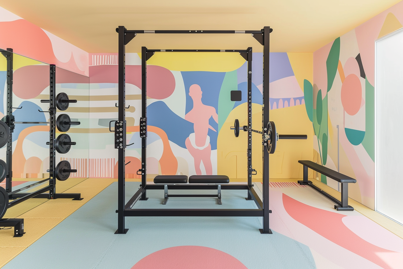 lebuzzguy_A_minimalist_Geoff_McFetridge-inspired_home_gym_with__c1480301-643b-43a7-a40c-662cdbcd47b3