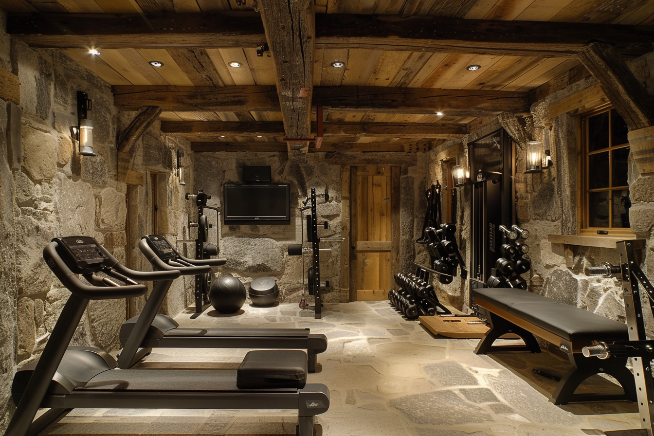 lebuzzguy_A_rustic-style_basement_home_gym_with_exposed_wooden__81f15177-d8b1-401e-9f77-514598ee942d