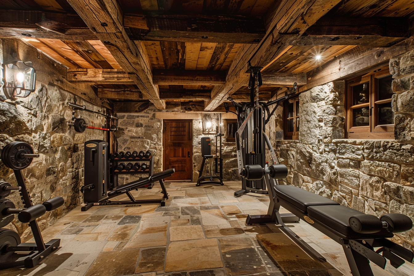 lebuzzguy_A_rustic-style_basement_home_gym_with_exposed_wooden__3e441ebb-c576-4178-b147-479562dbd6ed