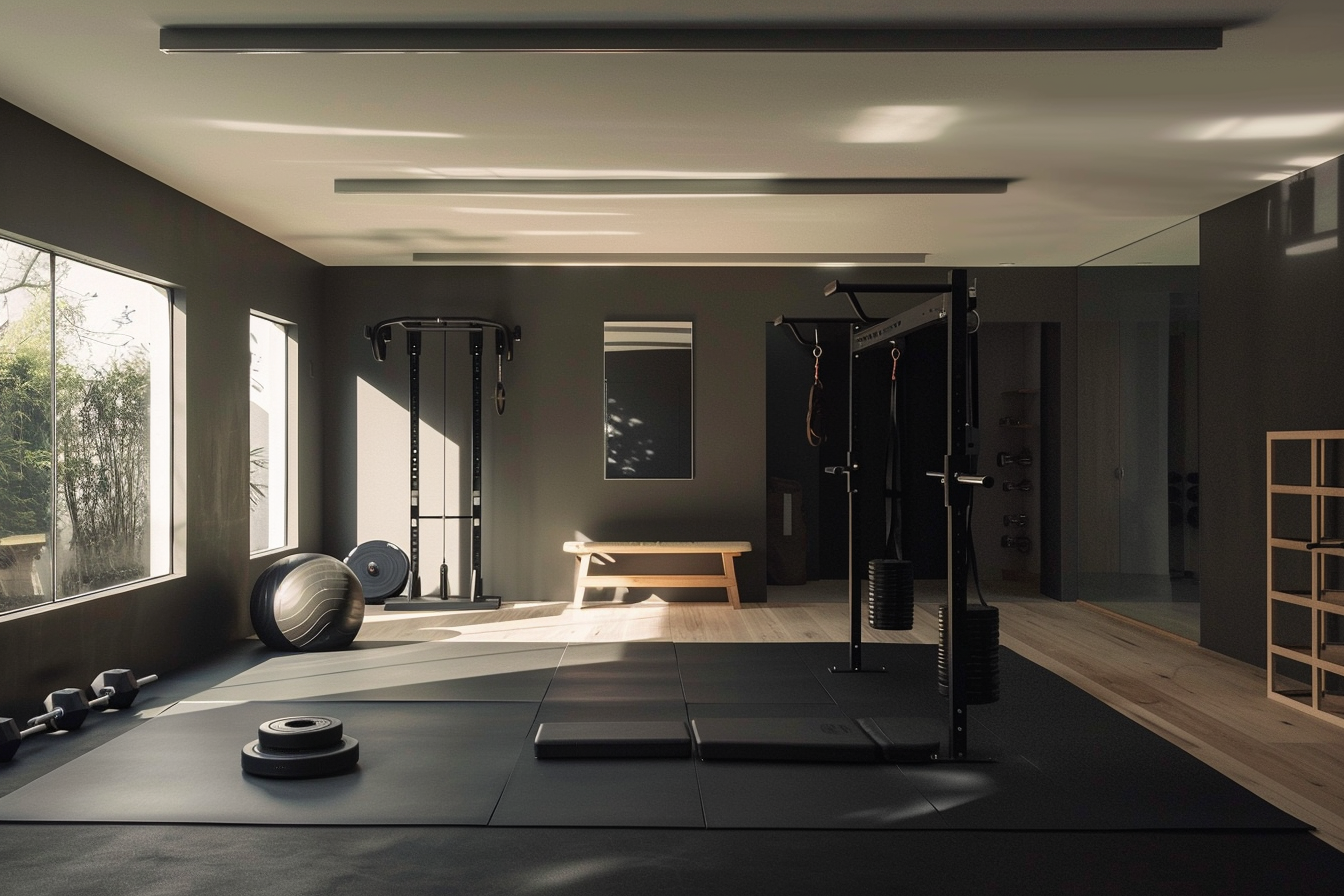 lebuzzguy_A_serene_modern_garage_home_gym_inspired_by_Geoff_McF_f73b5301-c06c-46bf-8a1f-7b98e06d6344