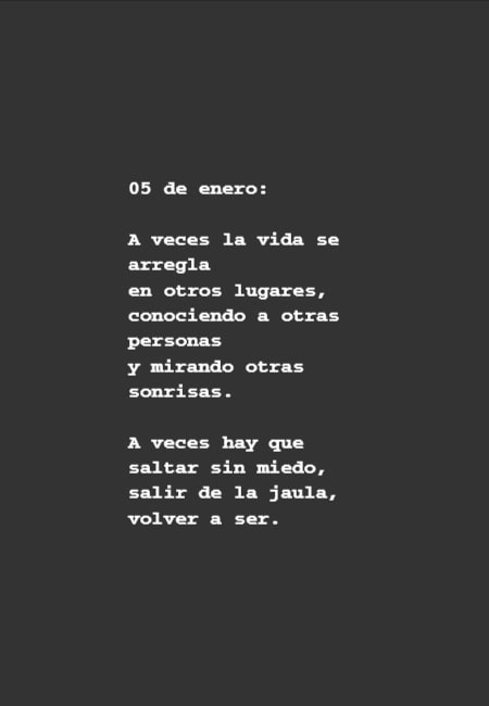 Frases para Reflexionar - 05 de enero: A veces la vida se arregla en otros lugares, conociendo a otras personas y mirando otras sonrisas. A veces hay que saltar sin miedo, salir de la jaula, volver a ser.