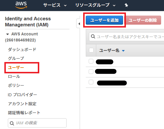 IAMのコンソール画面