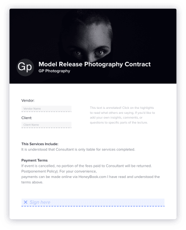Model release photography contract Invoice