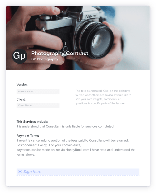 General photography contract Invoice