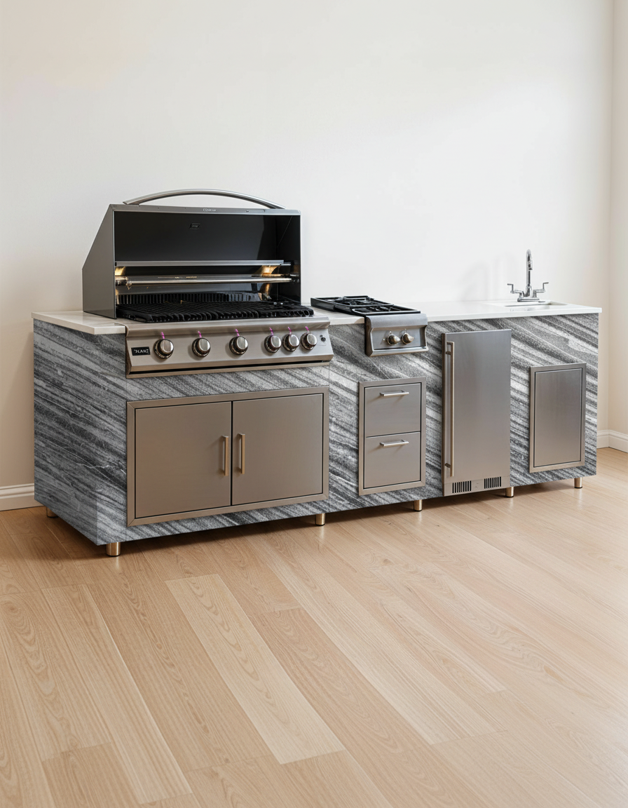 Real-stone outdoor kitchen with gray stone cladding, grill, side burner, and refrigerator