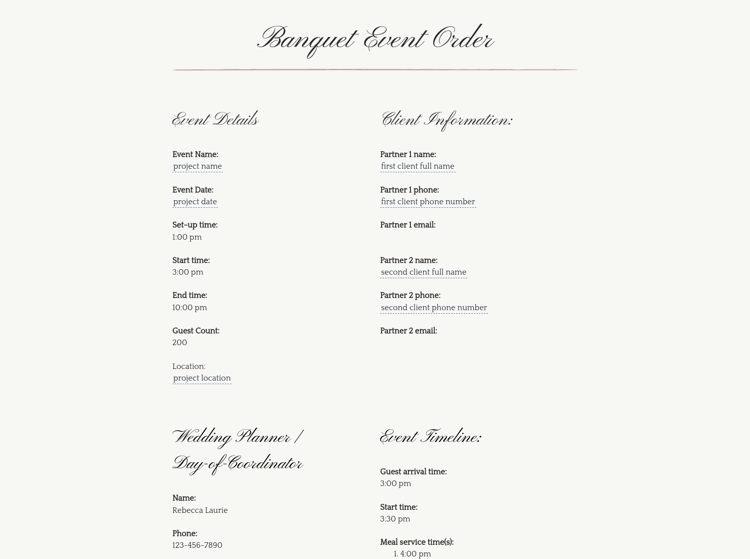 Banquet Event Order