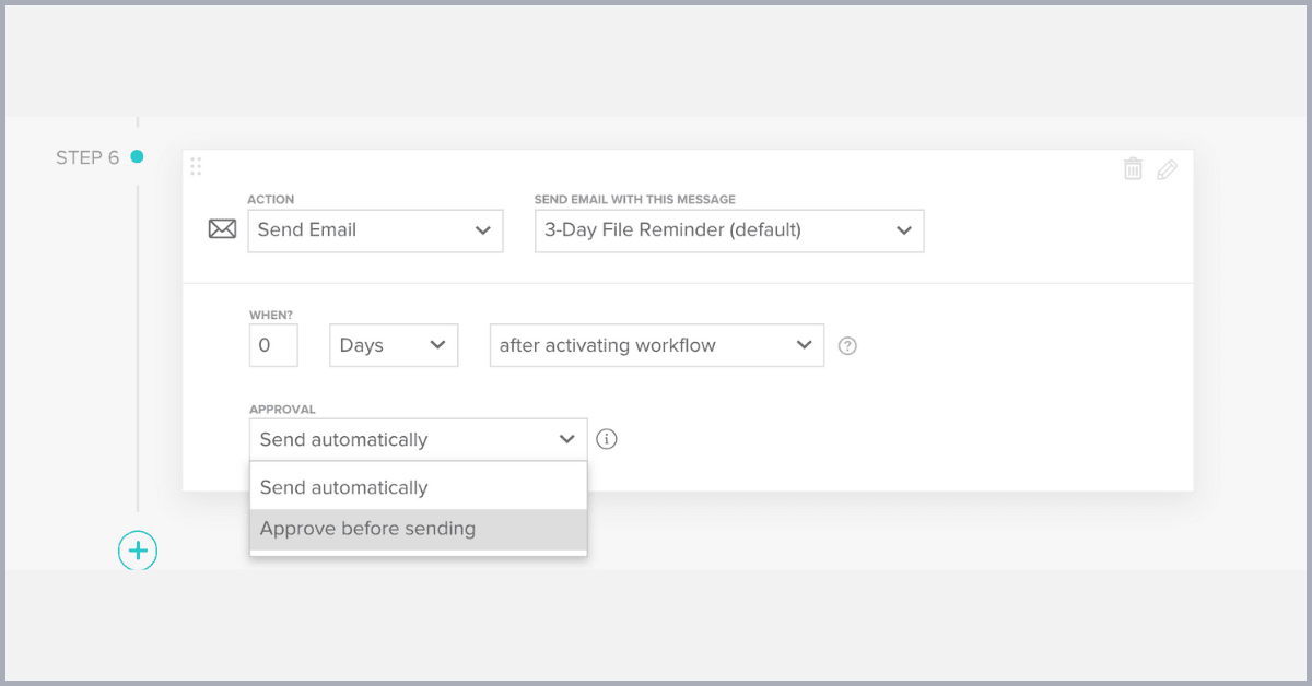 Screenshot of HoneyBook workflow step showing the option to approve before sending