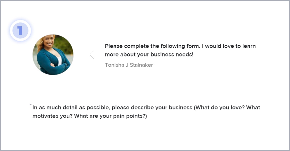 Screenshot of Tonisha's contact form with the first question "please describe your busines"