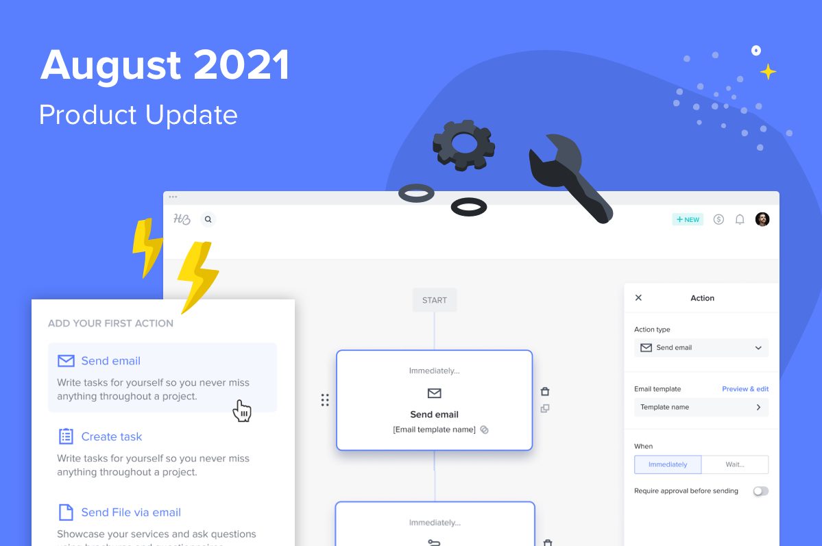 August 2021 Product Update graphic showing a screenshot of HoneyBook Automations