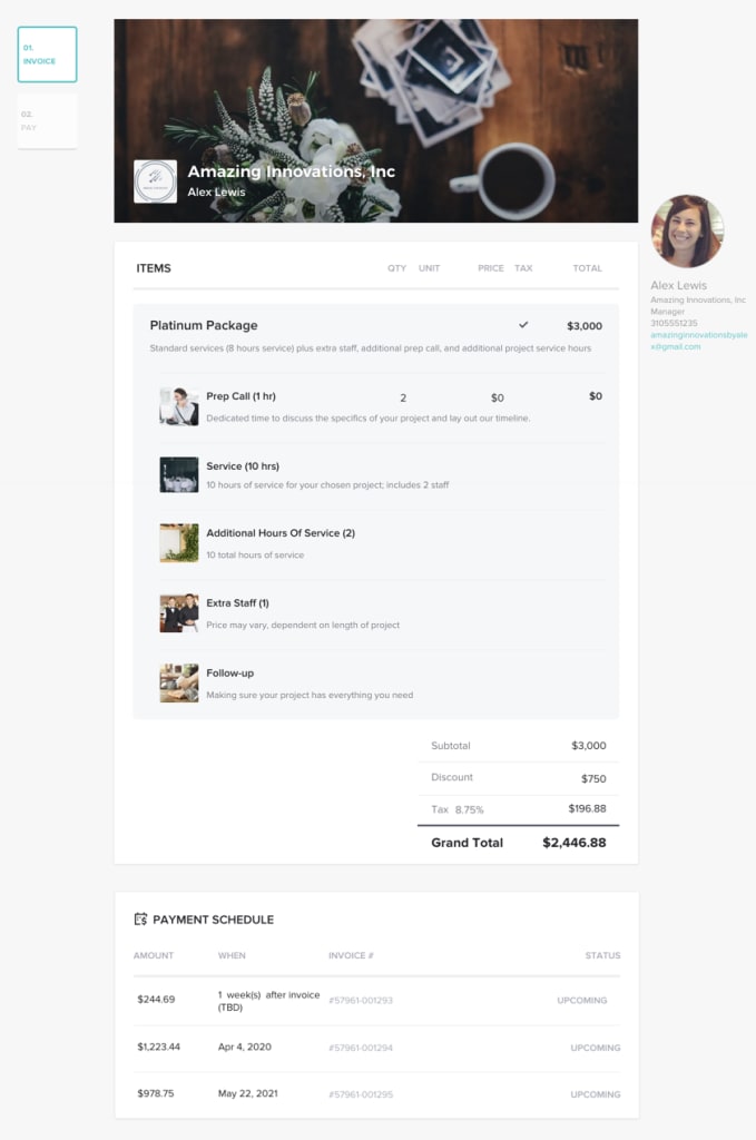 Online invoice on HoneyBook