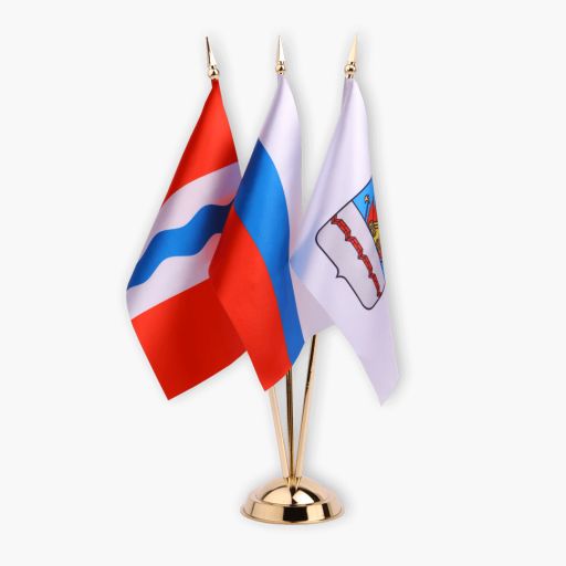 Флажки РФ, Омской области, г. Омска на подставке Размер флажков 22 х 14 см., подставка пластиковая под золото