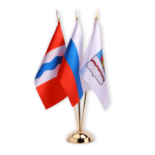 Флажки РФ, Омской области, г. Омска на подставке Размер флажков 22 х 14 см., подставка пластиковая под золото