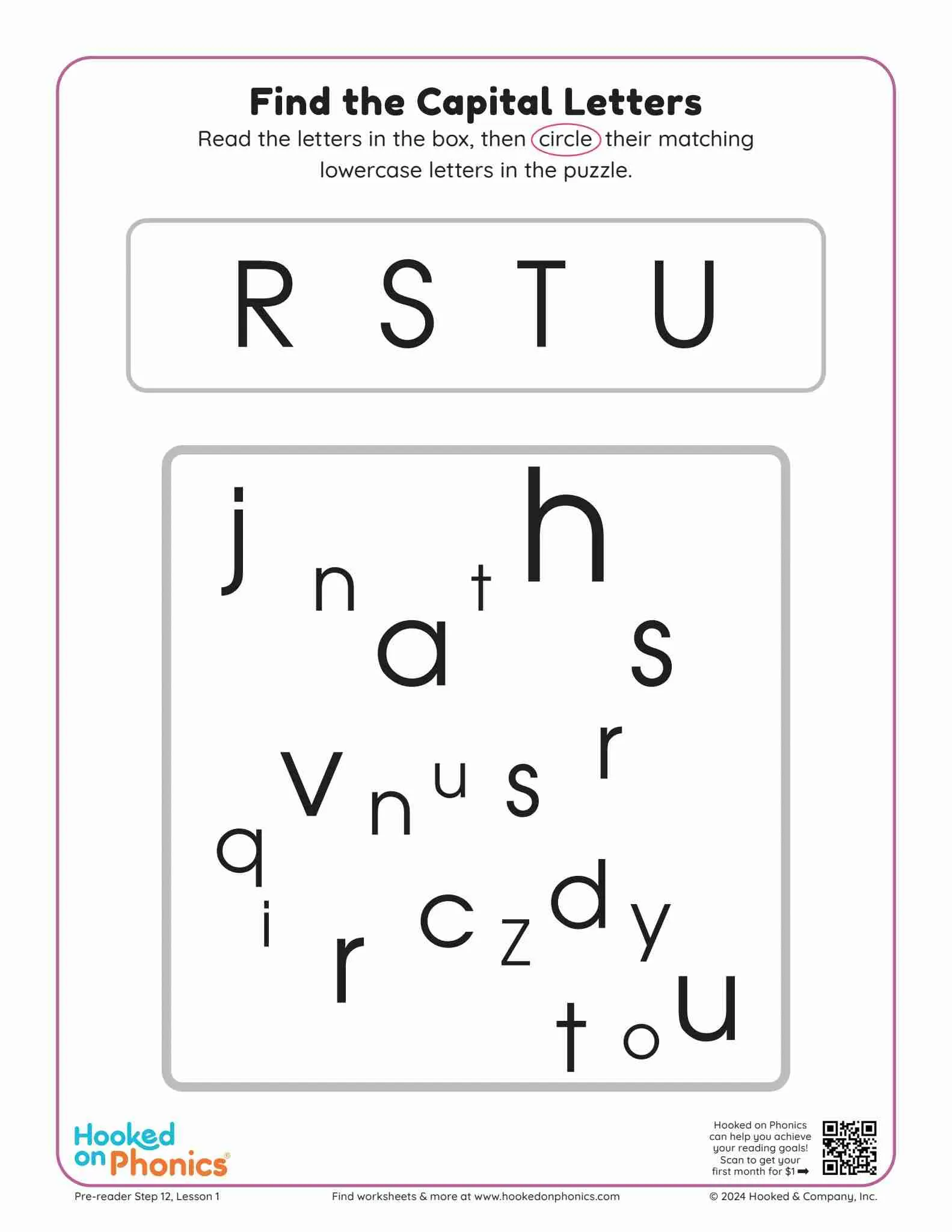 Capital Letters R, S, T, U Letter Find Worksheet | Hooked on Phonics