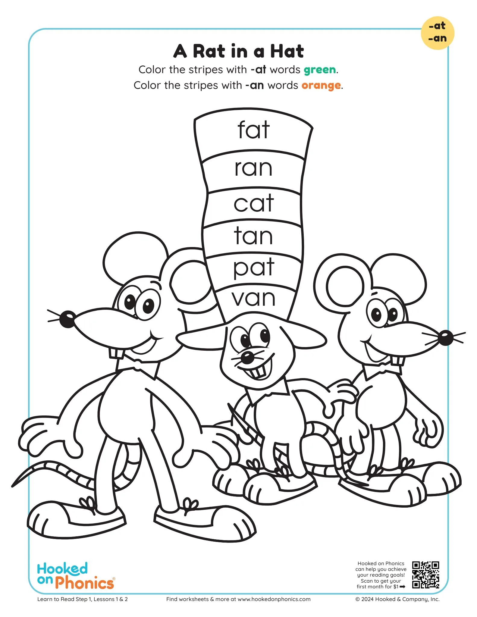 Words That Say Rats AT-AN Word Family Rat Hat Worksheet | Hooked on Phonics