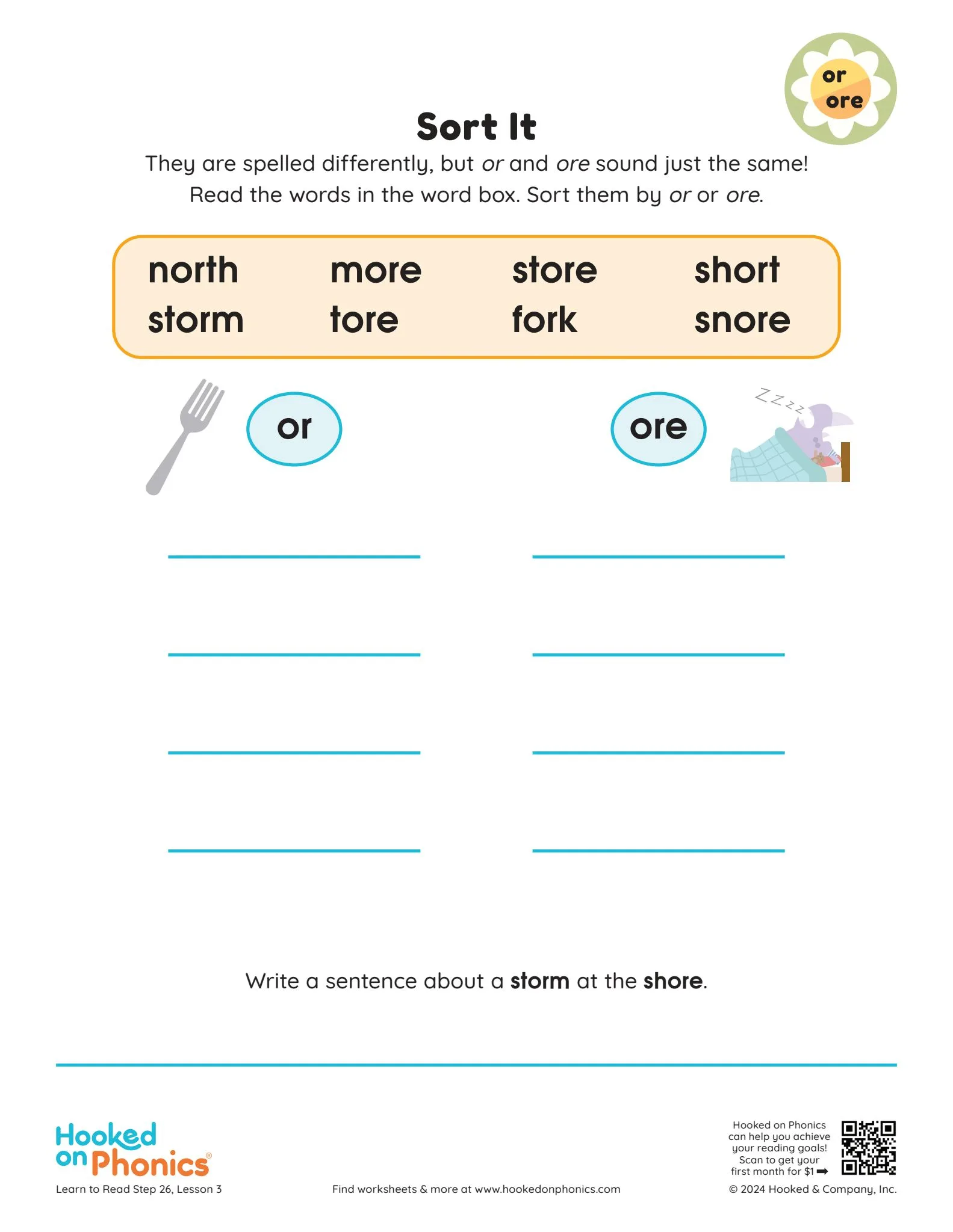 OR-ORE Words Sort It | Hooked on Phonics