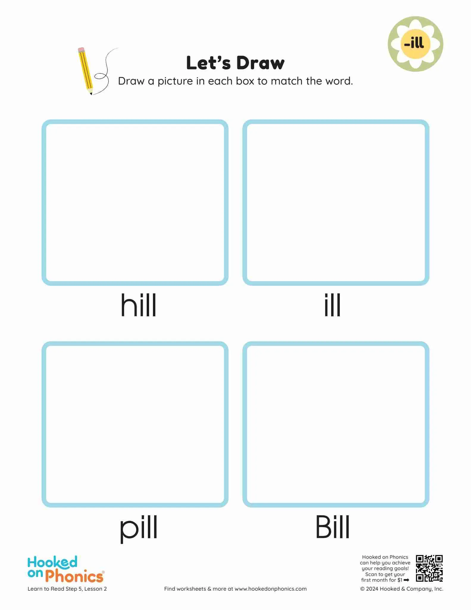 I'll Draw ILL Word Family Let's Draw Worksheet | Hooked on Phonics