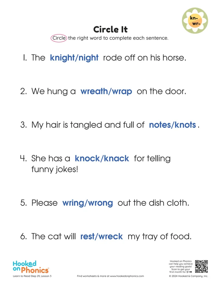 KN-WR Beginning Blend Circle It Worksheet | Hooked on Phonics