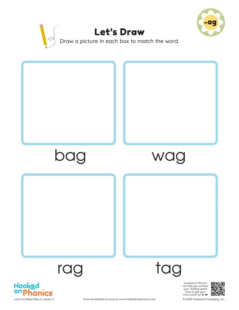AG Word Family Let's Draw Worksheet | Hooked on Phonics
