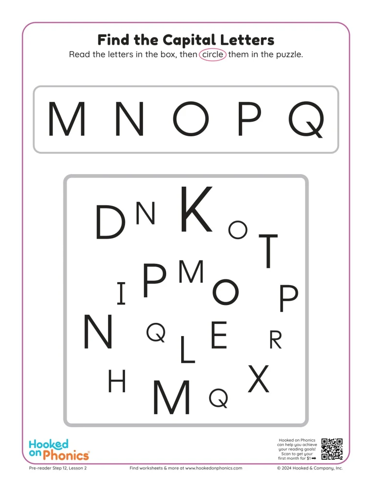 Capital Letters M, N, O, P, Q Letter Find Worksheet | Hooked on Phonics