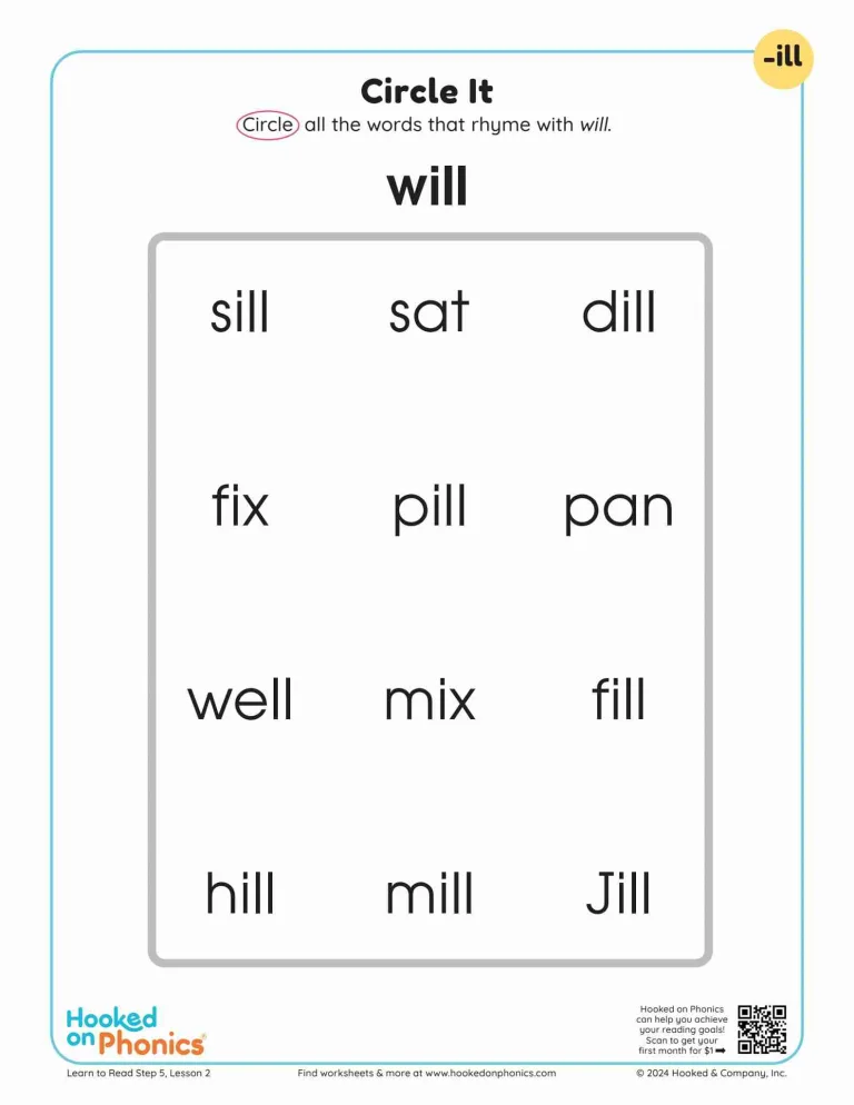 ILL Word Family Circle It Worksheet | Hooked on Phonics