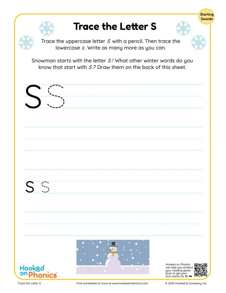 Tracing Letter S Snowman | Hooked on Phonics