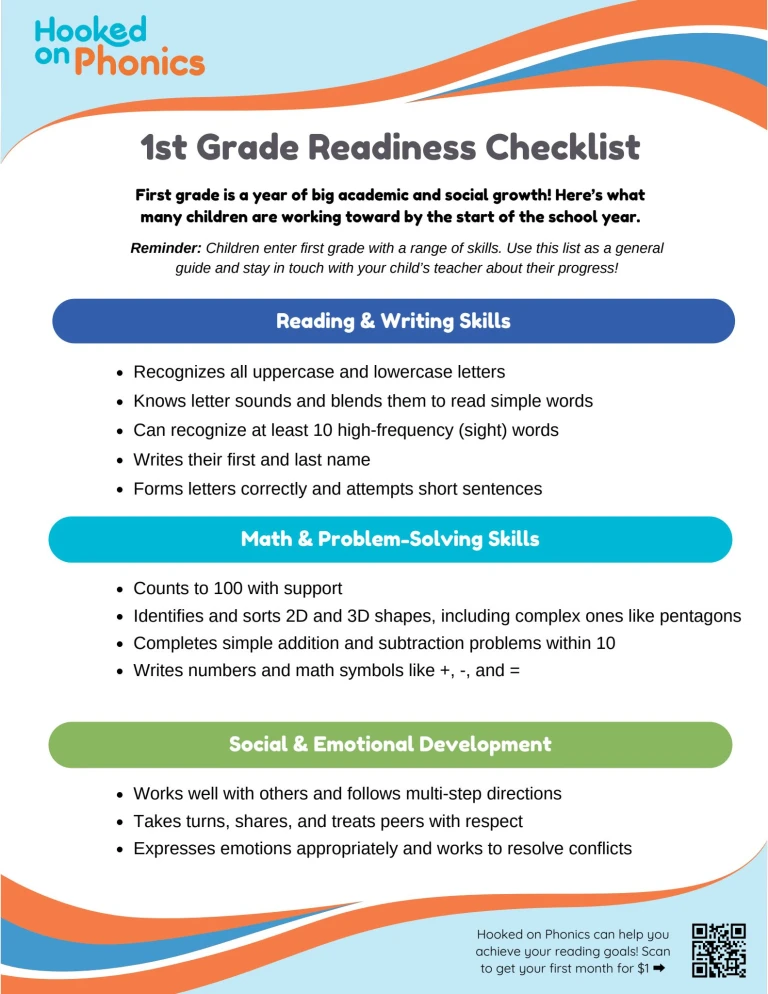 First Grade Readiness Checklist | Hooked on Phonics
