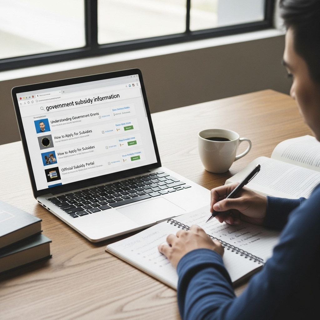 노트북으로 정부지원금 정보를 검색하는 사람