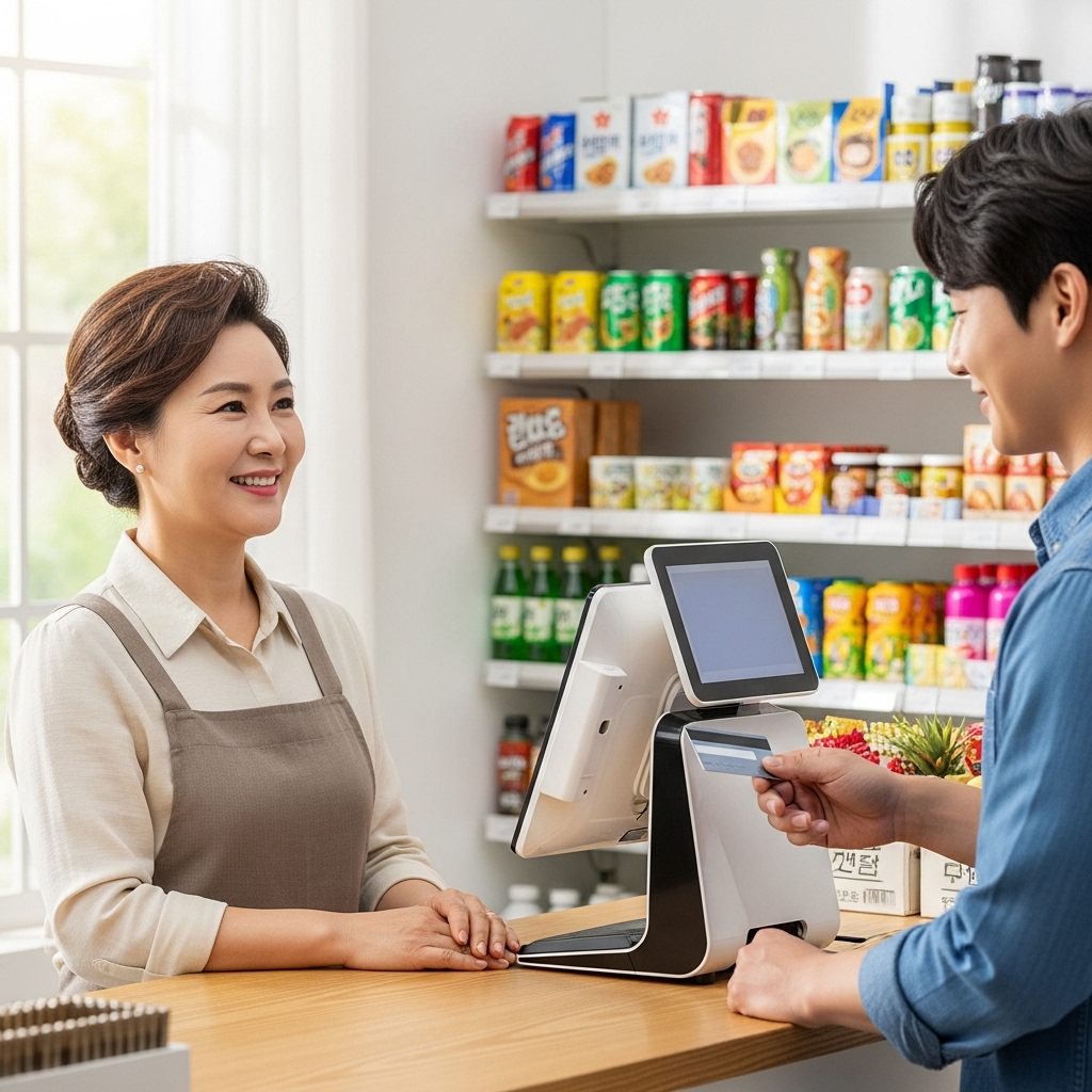 상점에서 POS기로 결제하는 손님과 웃는 사장님 이미지