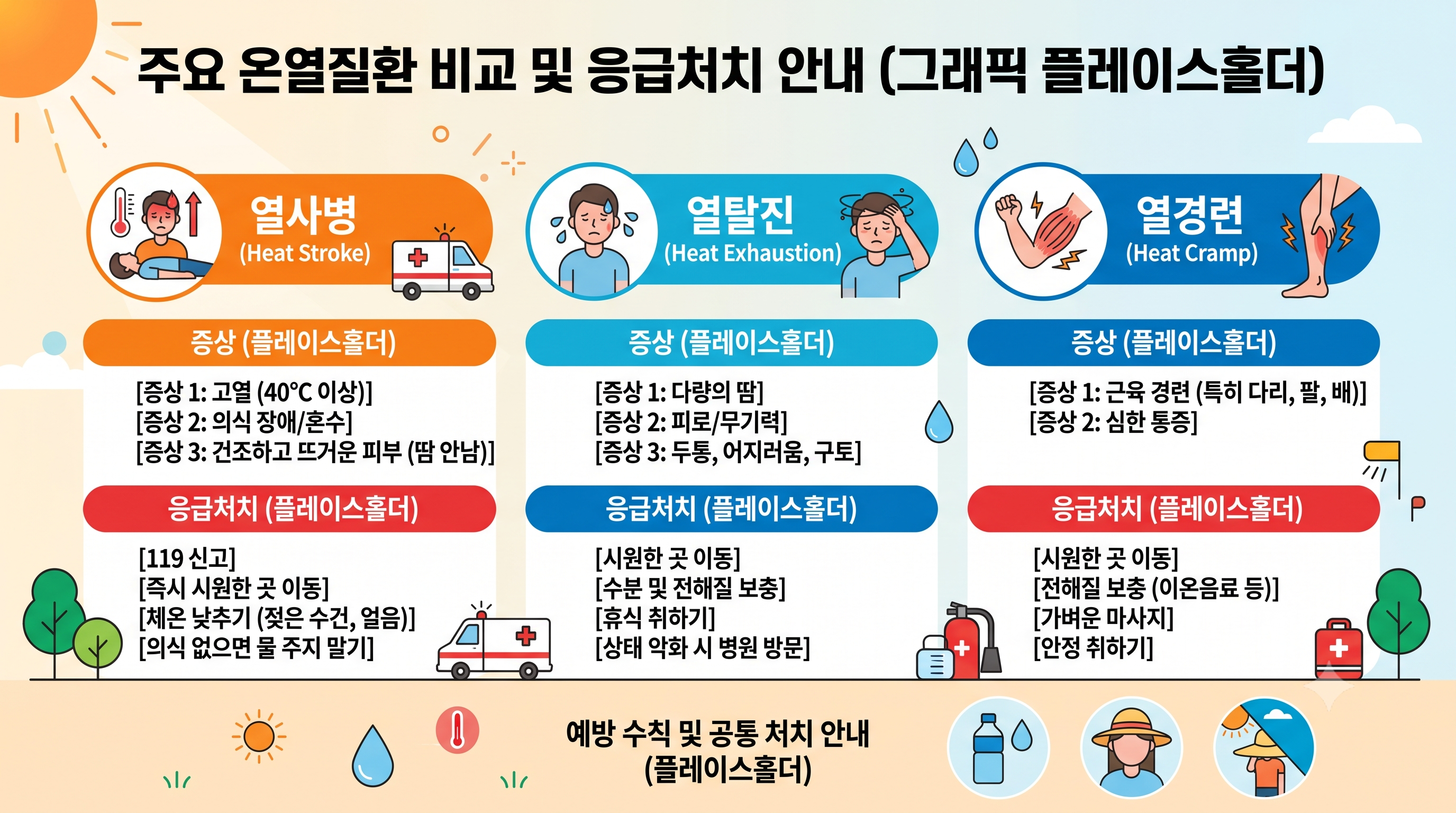 주요 온열질환 비교 및 응급처치 안내 그래픽 플레이스홀더