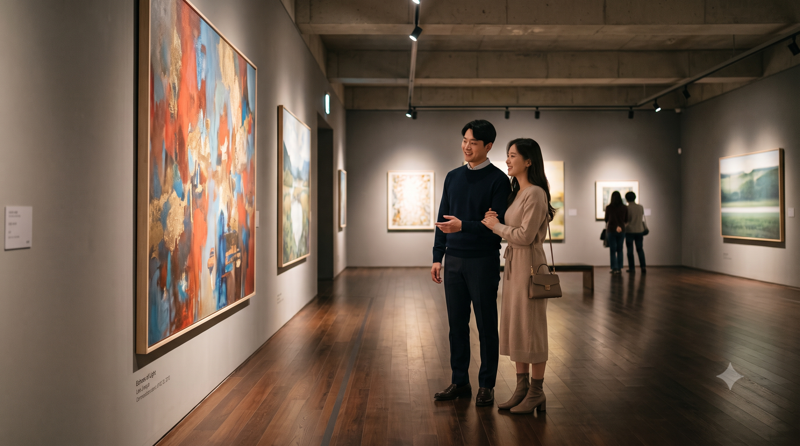 미술관 내부에서 은은한 조명 아래 쾌적하게 작품을 감상하는 커플 이미지