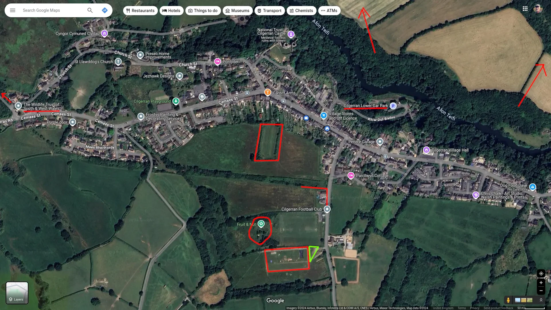 Google Map of Cilgerran village with key parts highlighted in red and green