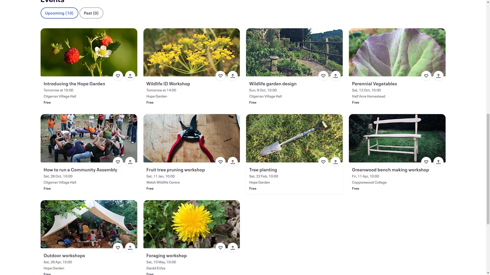 Screenshot of Hope Garden workshops on Eventbrite